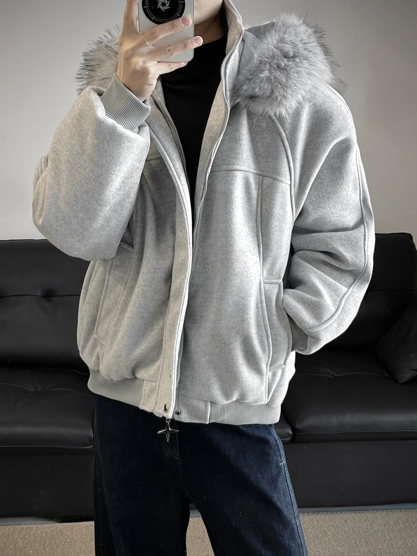 

Retro American Sle Men's Winter Coat Loose Fit Hooded Cotton Woolen Jaet Youth ular Warm Thiened Zipper Closure