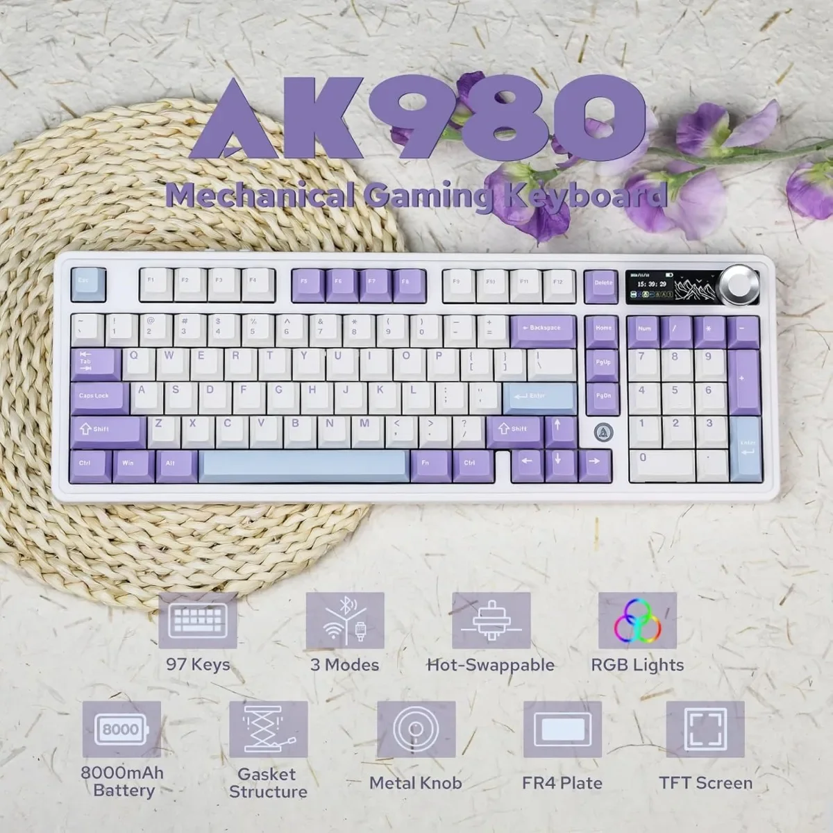 

Ajazz AK980 Gaming Mechanical Keyboard 98 Keys Three Mode Wireless Bluetooth Wired Hot Swap PBT Gasket RGB for PC Laptop Gamer