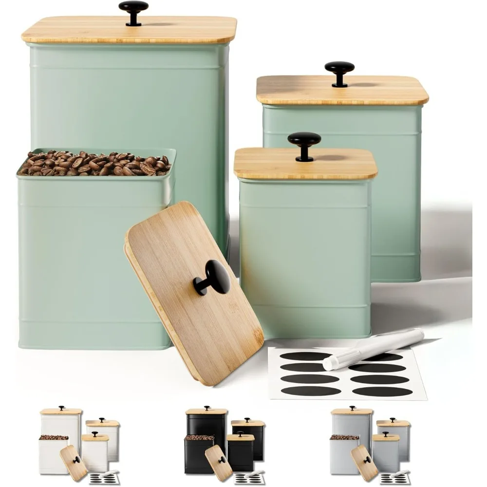 

4-Piece Sage Green Kitchen Canisters with Chalkboard Labels, Airtight Lids for Flour Sugar Storage