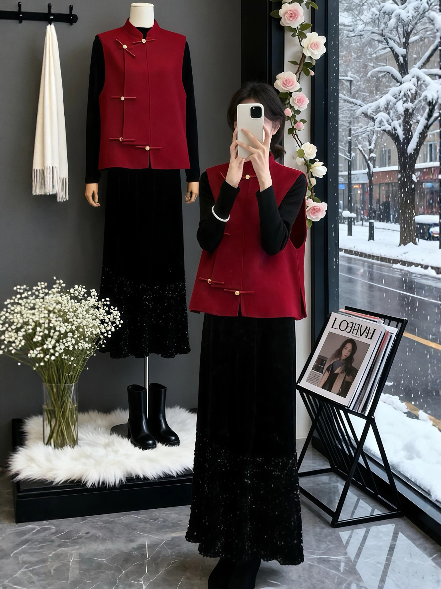 

plus Size Women's Autumn Winter Faion Set New Chinese Sle Vest T-irt Skirt High Waist Casual Date Wear Tee Pieces