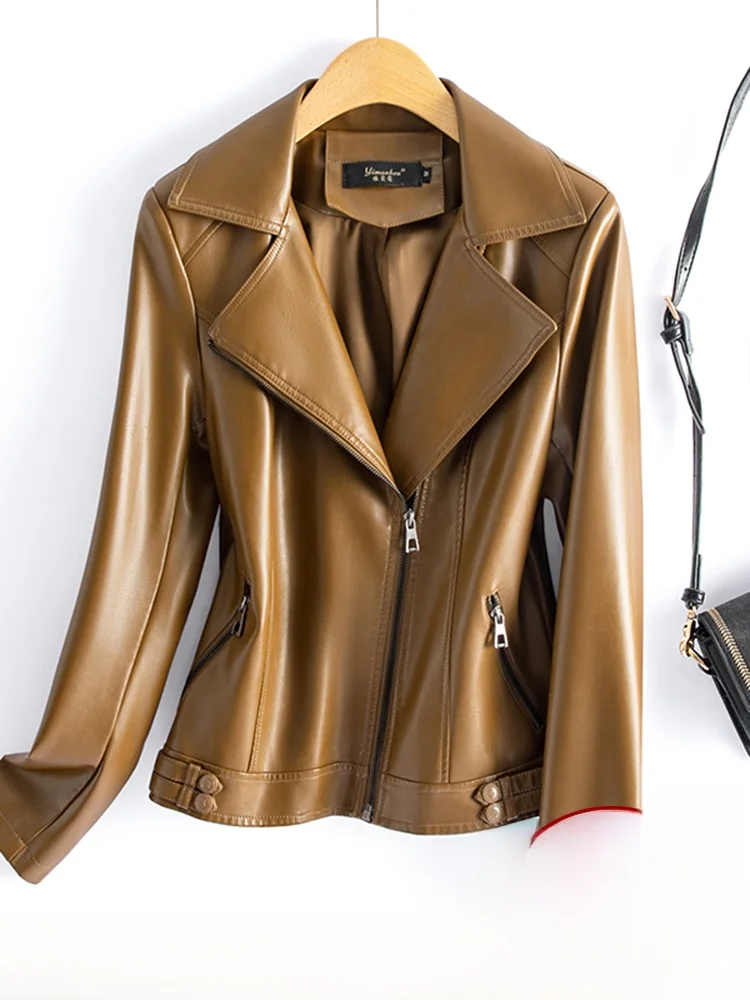   Giacca in Vera Pelle Ning per Donna, Modello Corto, Primavera-Autunno 2025, Nuova Versione Coreana alla Moda, Slim Fit, Cappotto in Pelle di Pecora