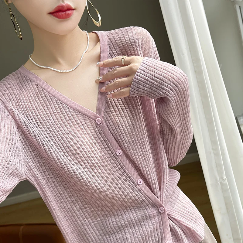 Spring/Summer Women\'s Cardigan Casual Knitted Linen Sweater V-Neck Sun Protection Shirt Ladies Tops Loose Air-conditioned Shirt