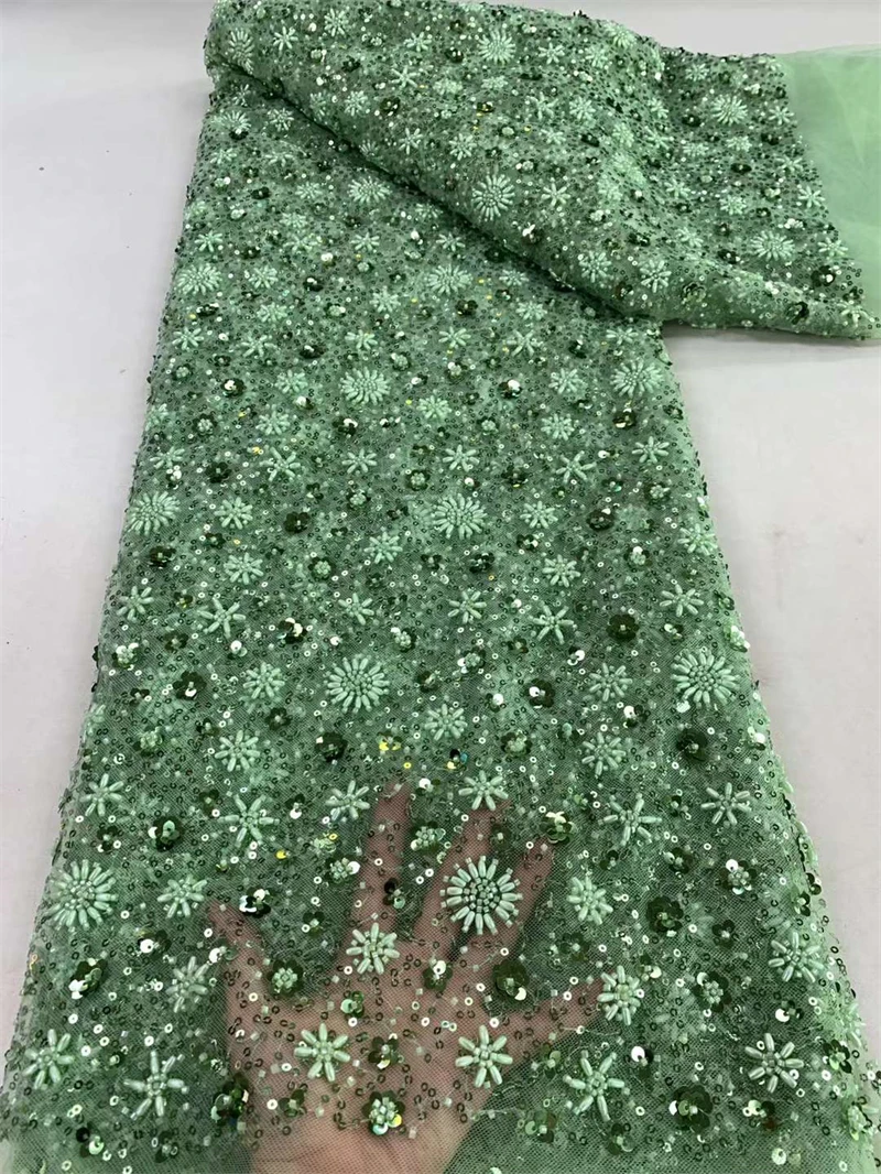 

Luxurious Nigerian Handmade Beaded French Lace 2024 High Quality Sequins Green Embroidery African Net Lace Fabric for Dress