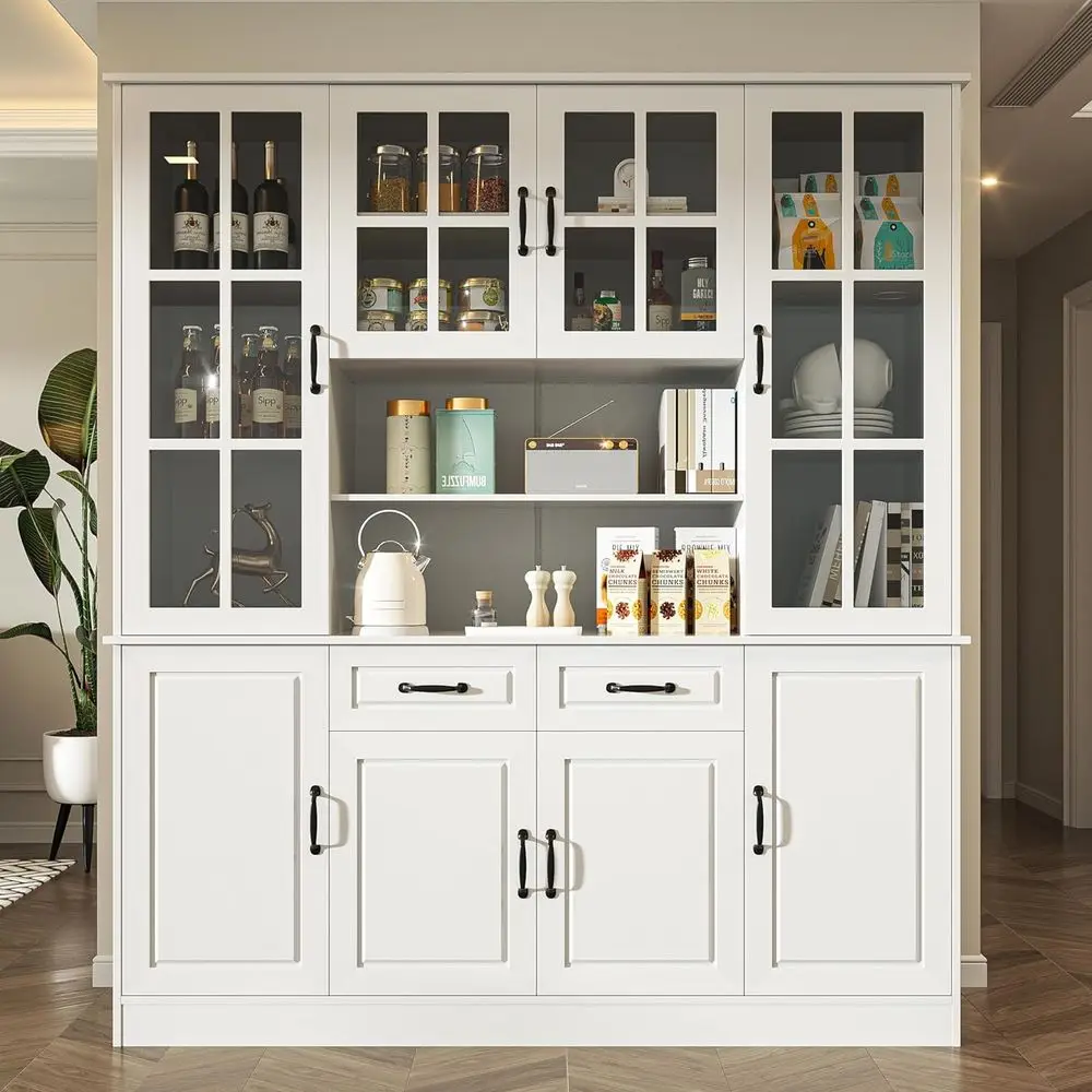 

Large White Kitchen Storage Cabinet with Glass Doors, 5 Shelves, 2 Drawers, for Dining or Living Room (15.8x63x70.9)