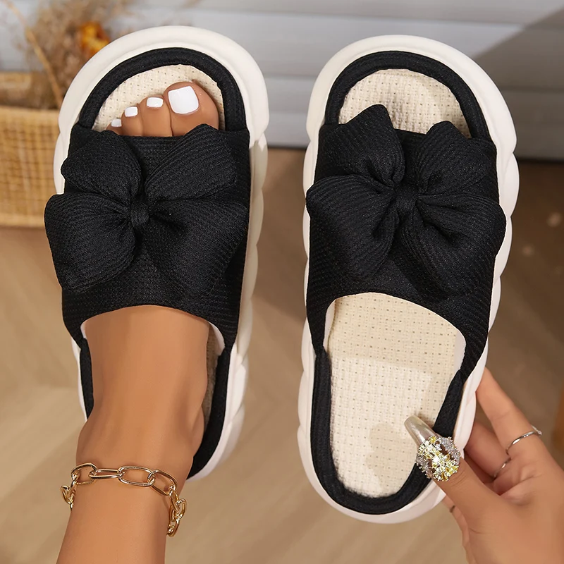 Big Bowtie Soft Sole Linen Slippers Women 2024 Winter Non Slip Flat Heels Home Slippers Woman Couple Indoor House Shoes Slides