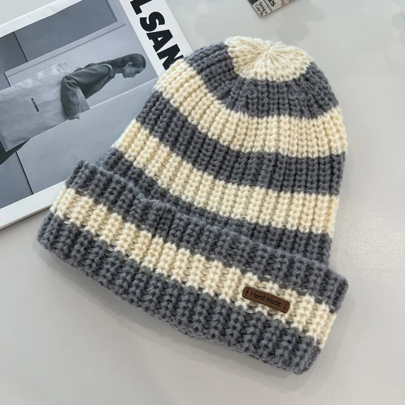 Hei Hei Hat Men's Striped Lettering Loose Big Head Wool Hat Children's Autumn and Winter Warm Ear Protection All Knitted Hat