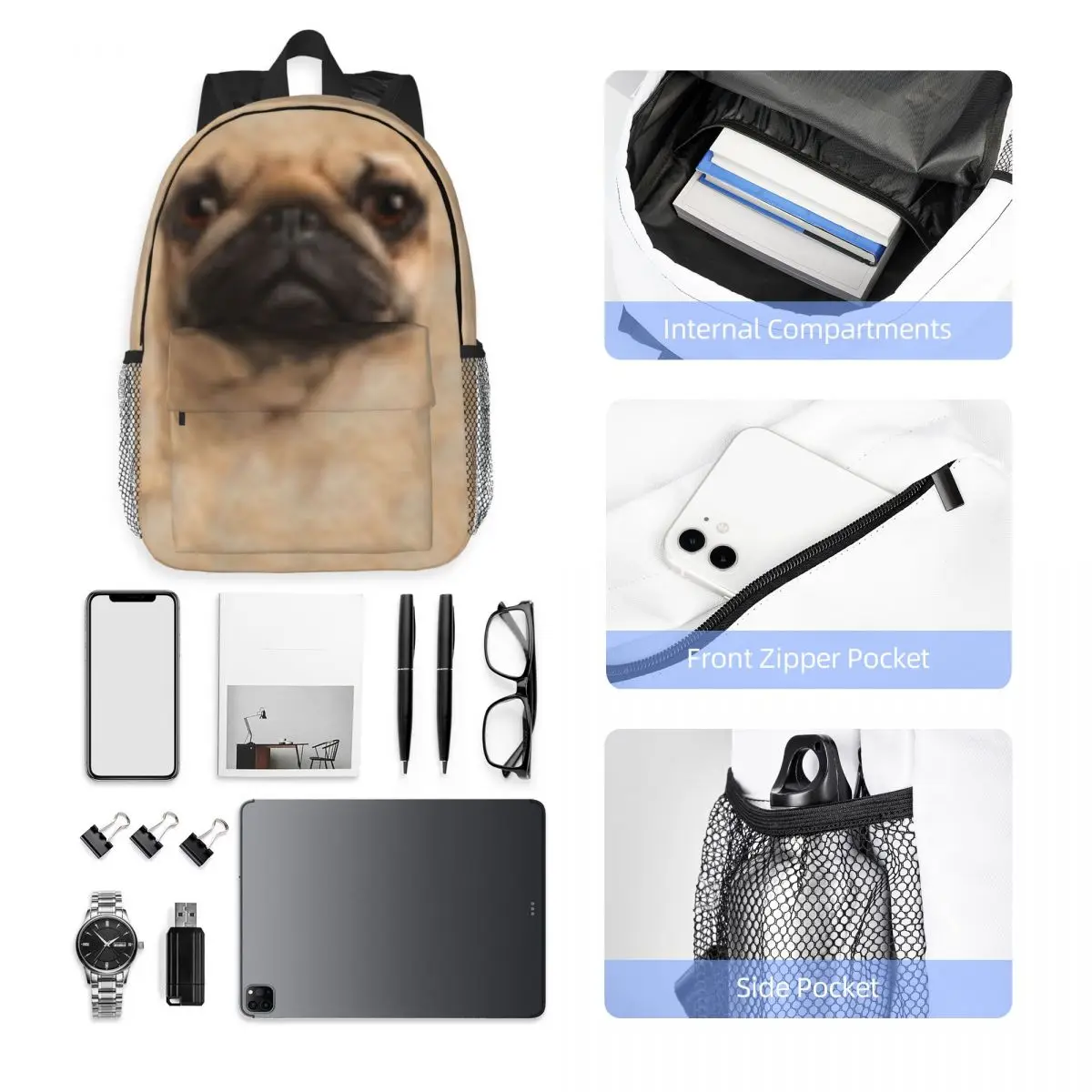 Mochila rosto gigante Pug, saco de escola padrão elegante, mochila leve impressão, novo, 15 Polegada