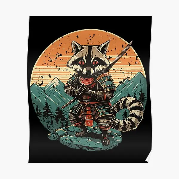 Racoon Samurai Sunset For Racoon Lovers  Poster Art Room Mural Picture Funny Decoration Print Vintage Decor Painting No Frame