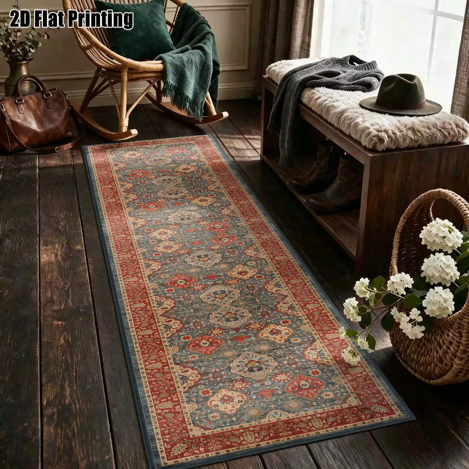 1Pc 2D Printed Striped Rug: Blue-Grey Floral Geometric Pattern, European/Vintage/Bohemian & Simple Geometric Styles, Multi-Size Machine-Washable Home Decor Rugs for Entryway, Hallway, Living Room, Bedroom