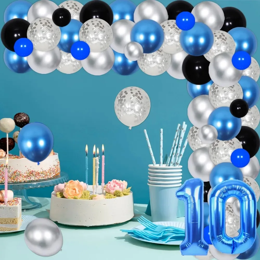 PEACE OUT SINGLE DIGITS is a Set of Blue, Black balloon, and Silver 10th Birthday Party Decorations, Size 10 Balloon