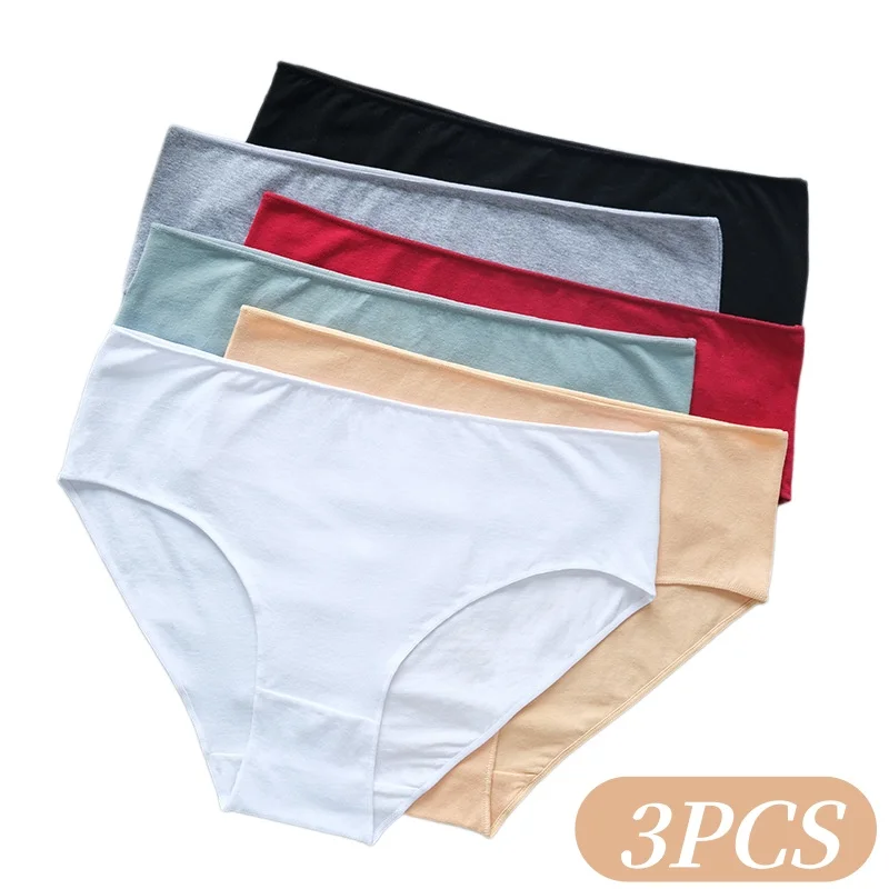 3Pcs/Set Women Cotton Panties High-Rise Briefs Tummy Control Underwear Female Underpants Solid Color Comfort Lingerie M-2XL