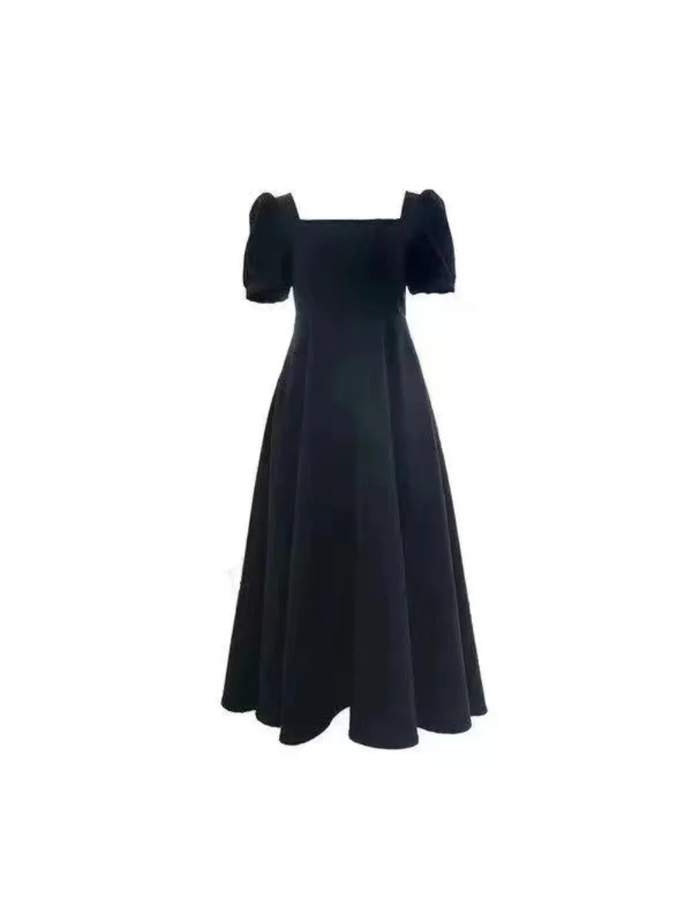 

Black dress women's short-sleeved temperament slim square neck knee-length dress