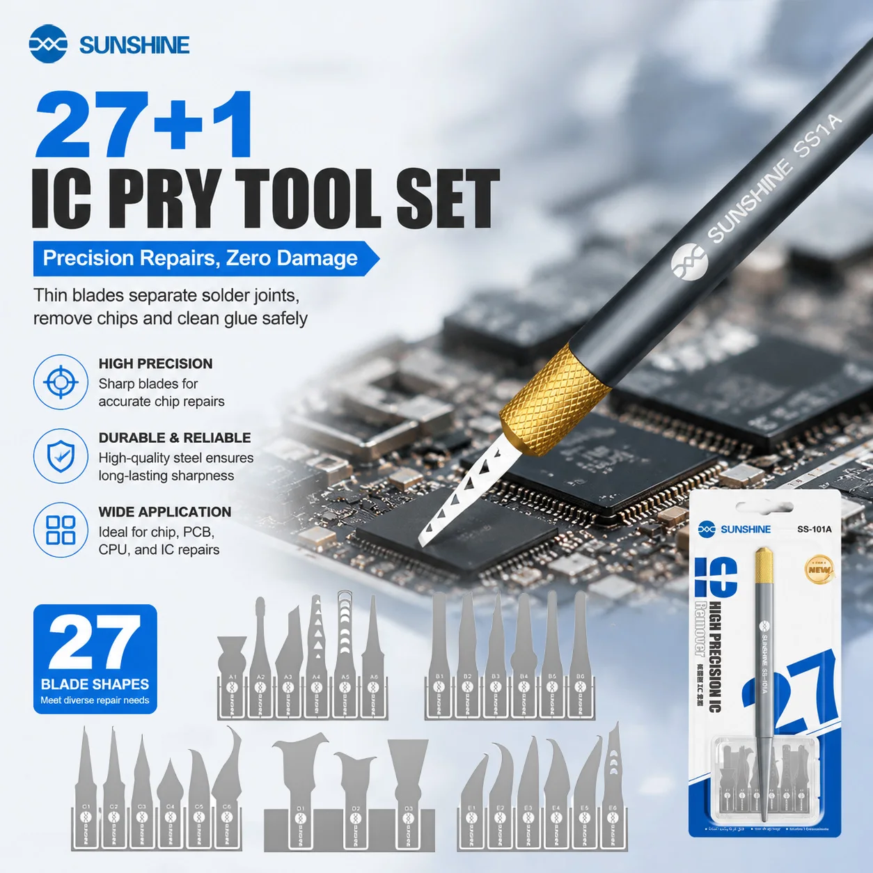 SUNSHINE SS101A IC Pry Tool Set Anti Slip Aluminum Handle For BGA CPU Chip Glue Removal Mobile Phone Motherboard Repair Tools