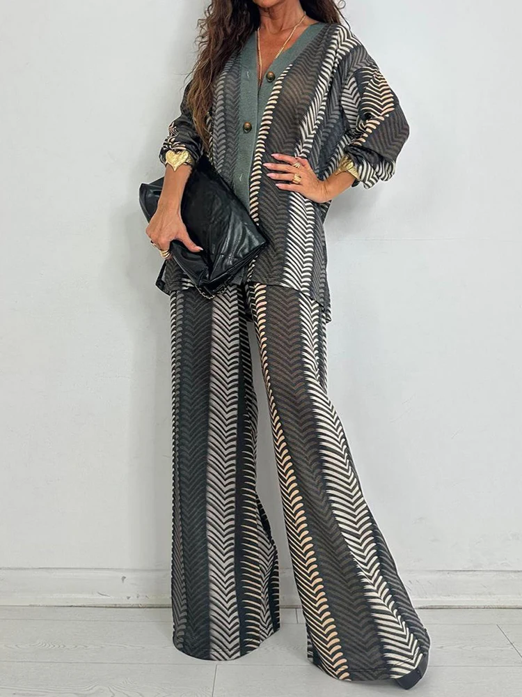 New Chic V Neck Long Sleeve Printing Holiday Button Cardigan Top With Wide Leg Pants - Spring Summer Two Piece Ladies Outfit Set view 4