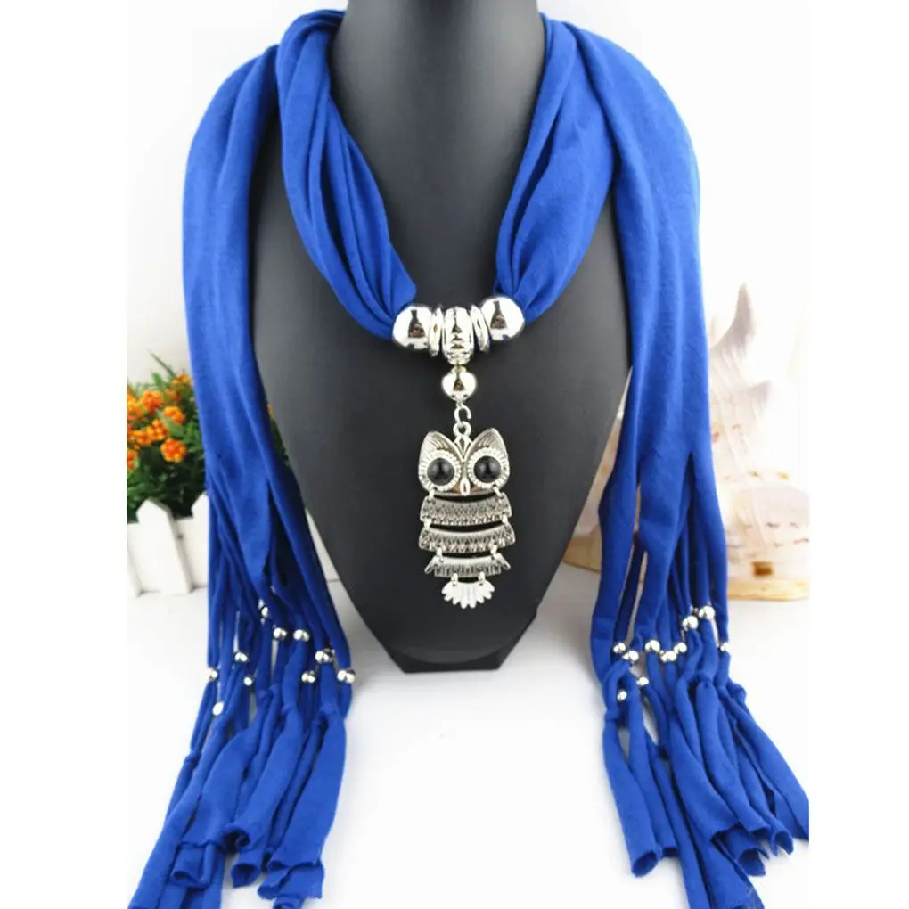 Woman\'s Classic Owl Pendant Jewelry Scarf Necklace Scarf Fringed Long Scarf