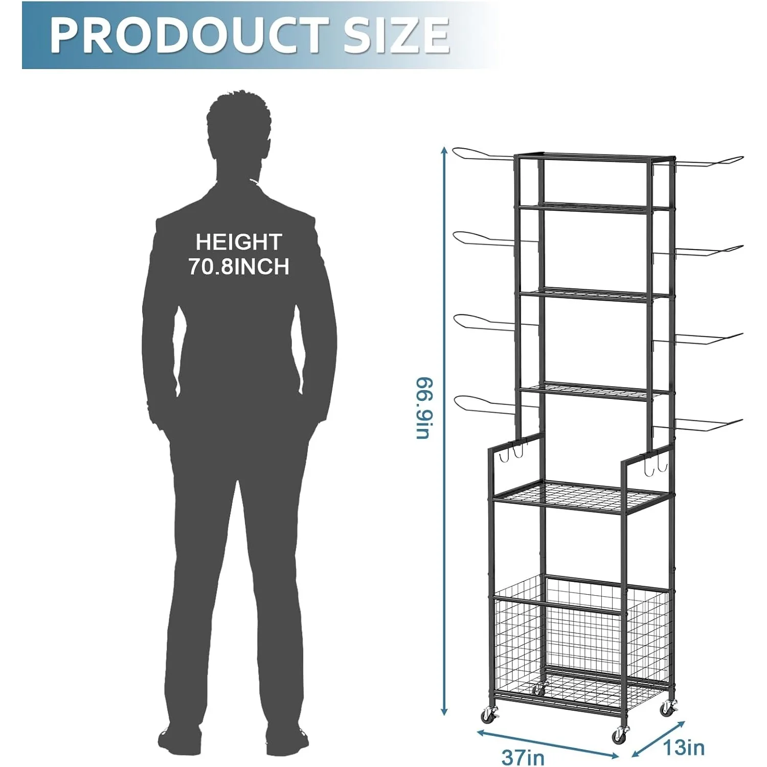 6段バスケットボールラック、ホイール、収納バスケットとフック付き、ガレージ/屋外用の多用途スポーツオーガナイザー - ブラック