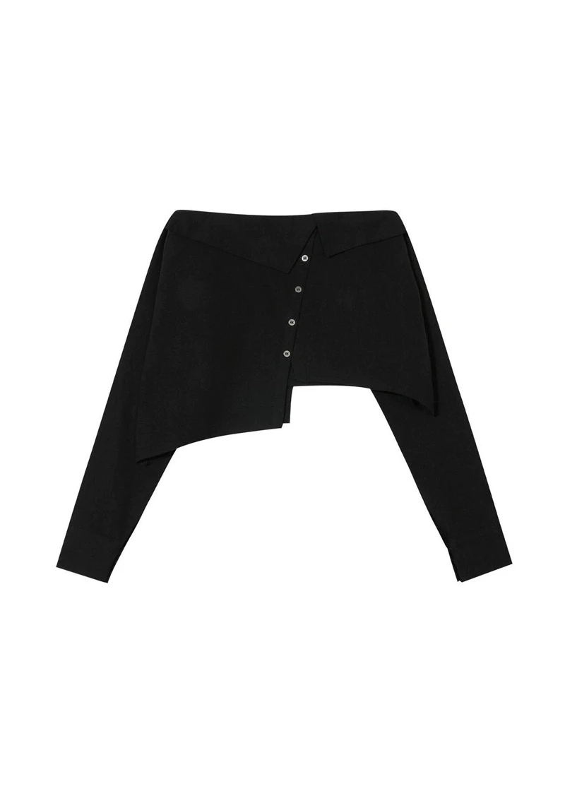 เสื้อครอปท็อปทรงเอแบบไม่สมมาตรและกระโปรง ดีไซน์ใส่ได้สองแบบ พร้อมสายรัดกระดุม สไตล์สาวเซ็กซี่แบบเกาหลี ผ้าคอตตอนผสม