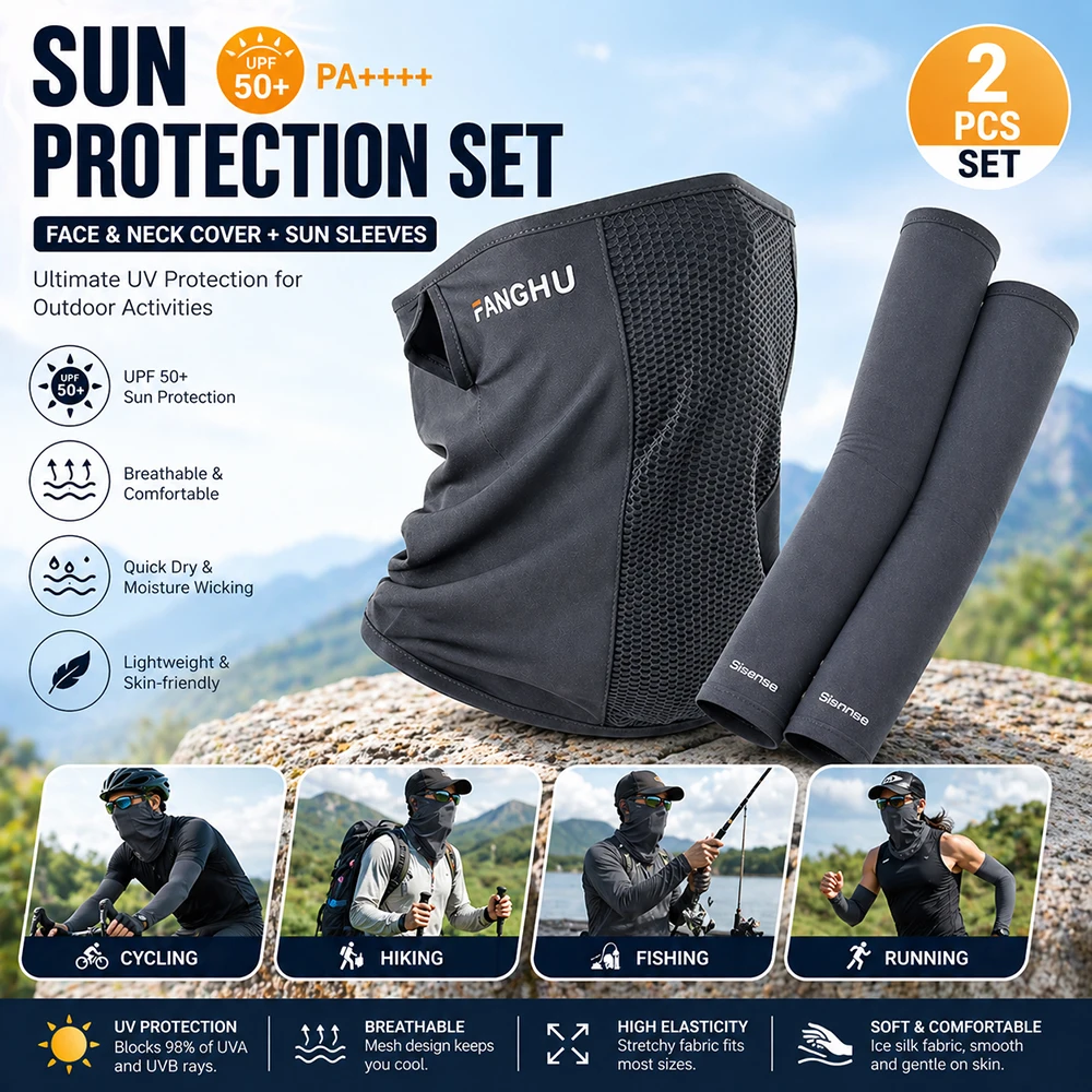 

2PCS Summer UV Protection Set Face Neck Cover Mask + Arm Sleeves Ice Silk Breathable Sun Protection Cycling Fishing Outdoor Gear