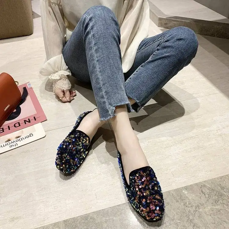 New Spring Autumn Women Flat Shoes 2024 Korean Style Girls Bling Sequins Single Shoes Female Soft Bottom Casual Shoes 35-40