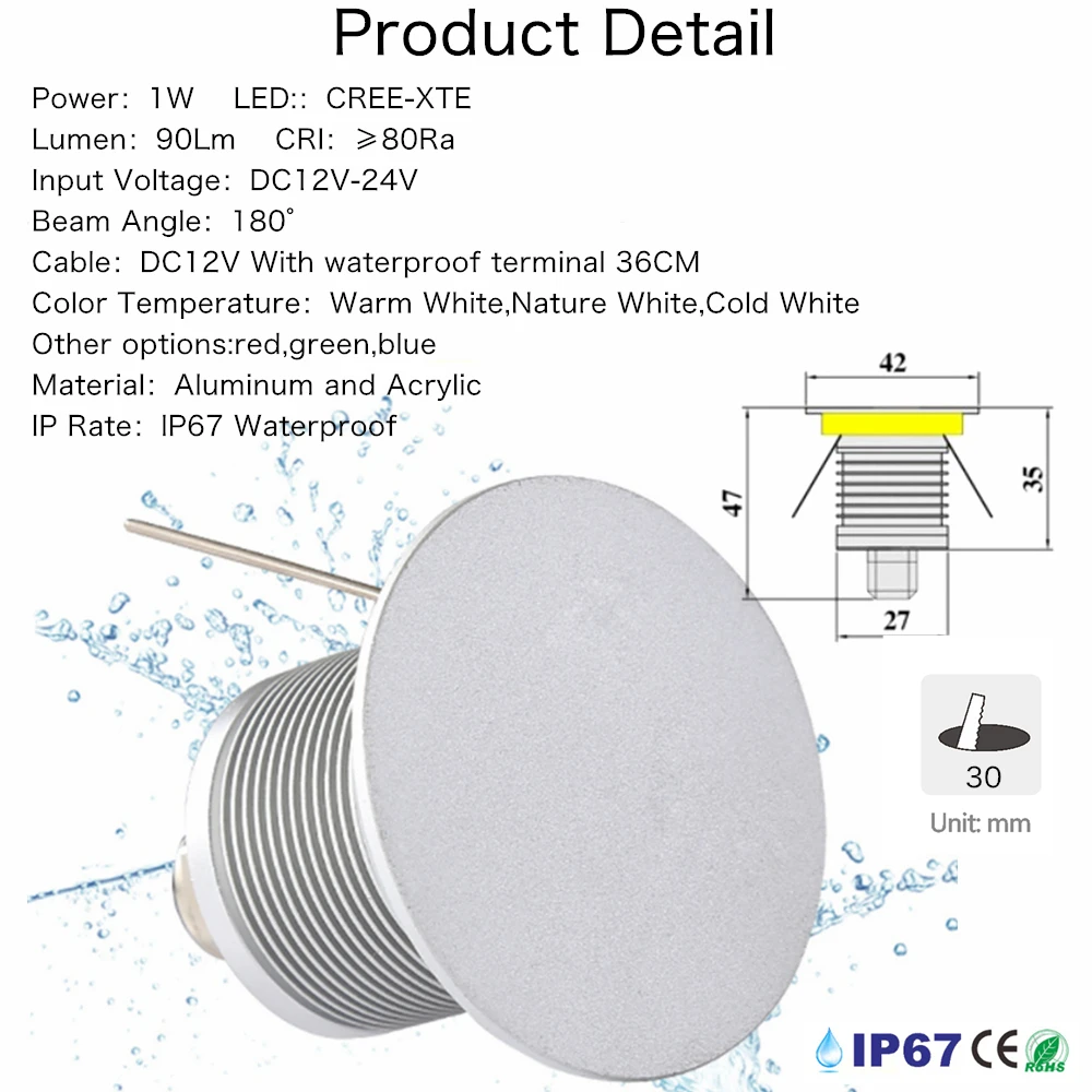 IP67 Waterproof Recessed Stairs LED Wall Lamp For Garden Home Stair Wall Lights 1W Outdoor Corridor Lamps 12V-24V Wall Lighting