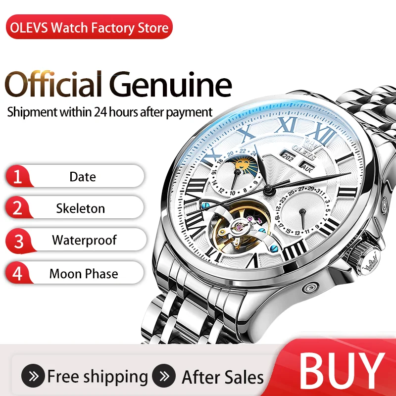 

OLEVS Skeleton reloj hombre Moon Phase Светящийся movimiento automático שעון srd터 водонепроницаемые Часы мужские uomo