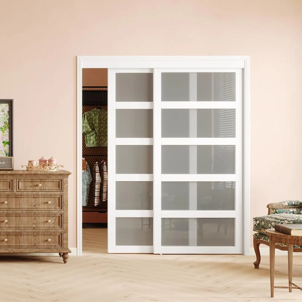 

Sliding Closet Door, 72"(Double 36.96") X 80", with Hardware Track Kit & Floor Guide, 5-Lite Frosted Glass Sliding Door