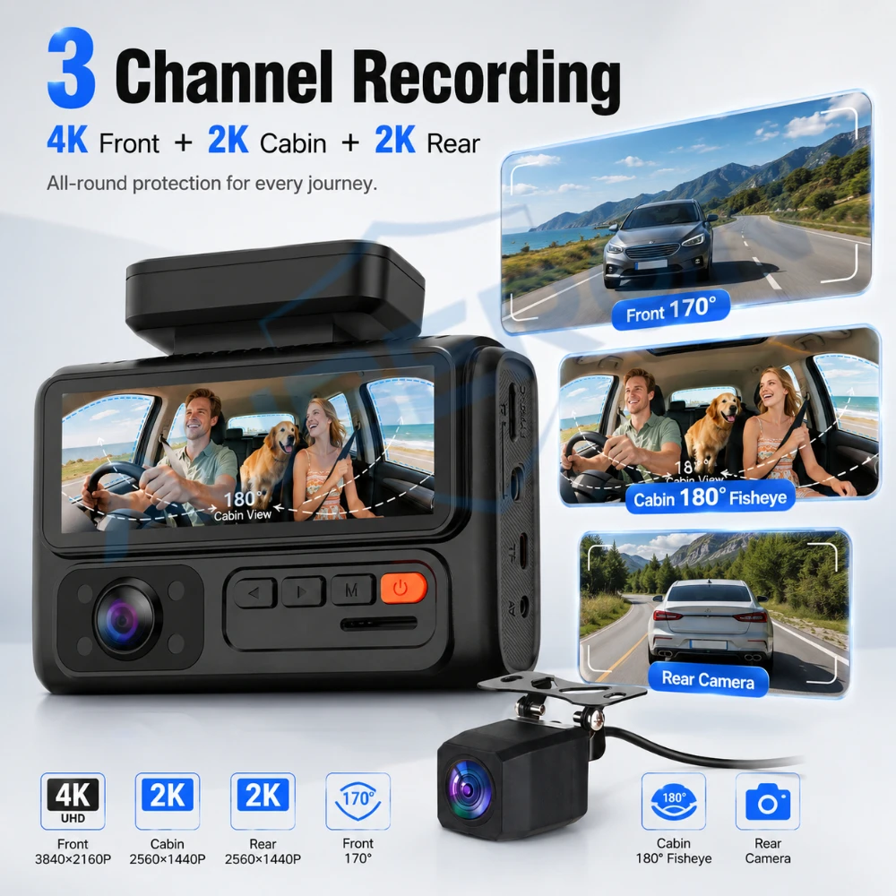 4K Triple Channel Dash Cam Front Inside Rear Camera Car Video Recorder WiFi Smart APP Control G Sensor Parking Mode Night Vision