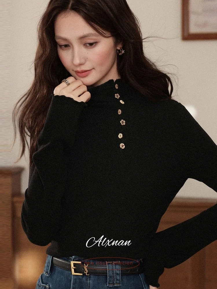 ALXNAN Women's Long-sleeve T-Shirt 2025 New Autumn Inner Lining Turtleneck Button Decoration Slim Versatile Pullover L57528-1