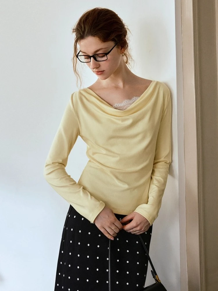 

OLrain French T-Shirts Woman Solid Lace Draped Neck Tees Knitted Slim Fit Tops 2025 Autumn Casual Women‘s Clothing O57QT000598