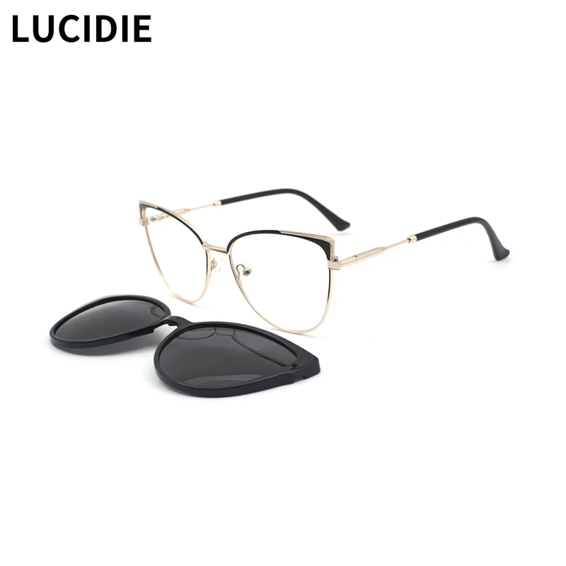 LUCIDIE 2 In 1 Clip On Sunglasses Women Fashion Brand Design Polarized Optical Glasses Frame Prescription Eyeglasses FNA017