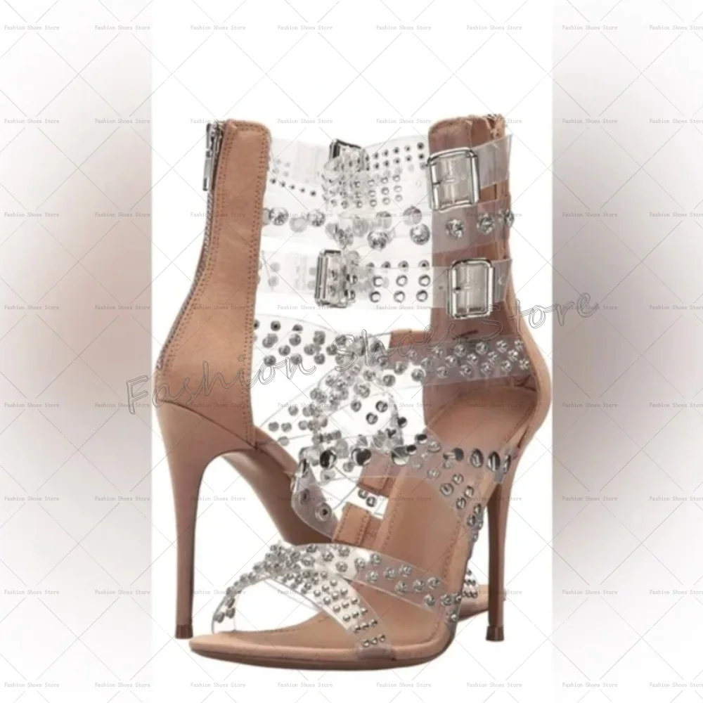 Apricot PVC สายคล้องคอซิปตกแต่งรองเท้าแตะซิปด้านหลังรองเท้าส้นสูงรองเท้าสตรีแฟชั่นรองเท้าส้นสูง 2025 ใหม่ Zapatos Para Mujere