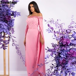 Customized Elegant Pink Saudi Arabic Prom Dress Off The Shoulder Long Cape Sleeves Formal Evening Dresses Sequineds Party Gowns