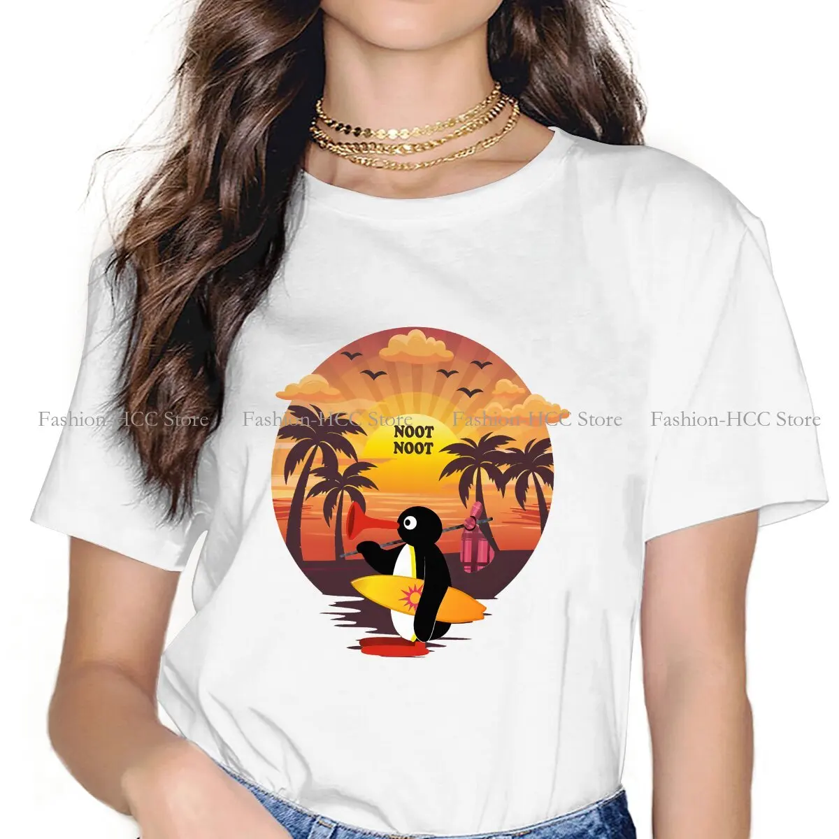 Noot Noot Sunset camiseta de poliéster casual para mulheres, tops criativos dos desenhos animados, camiseta lazer, pingu