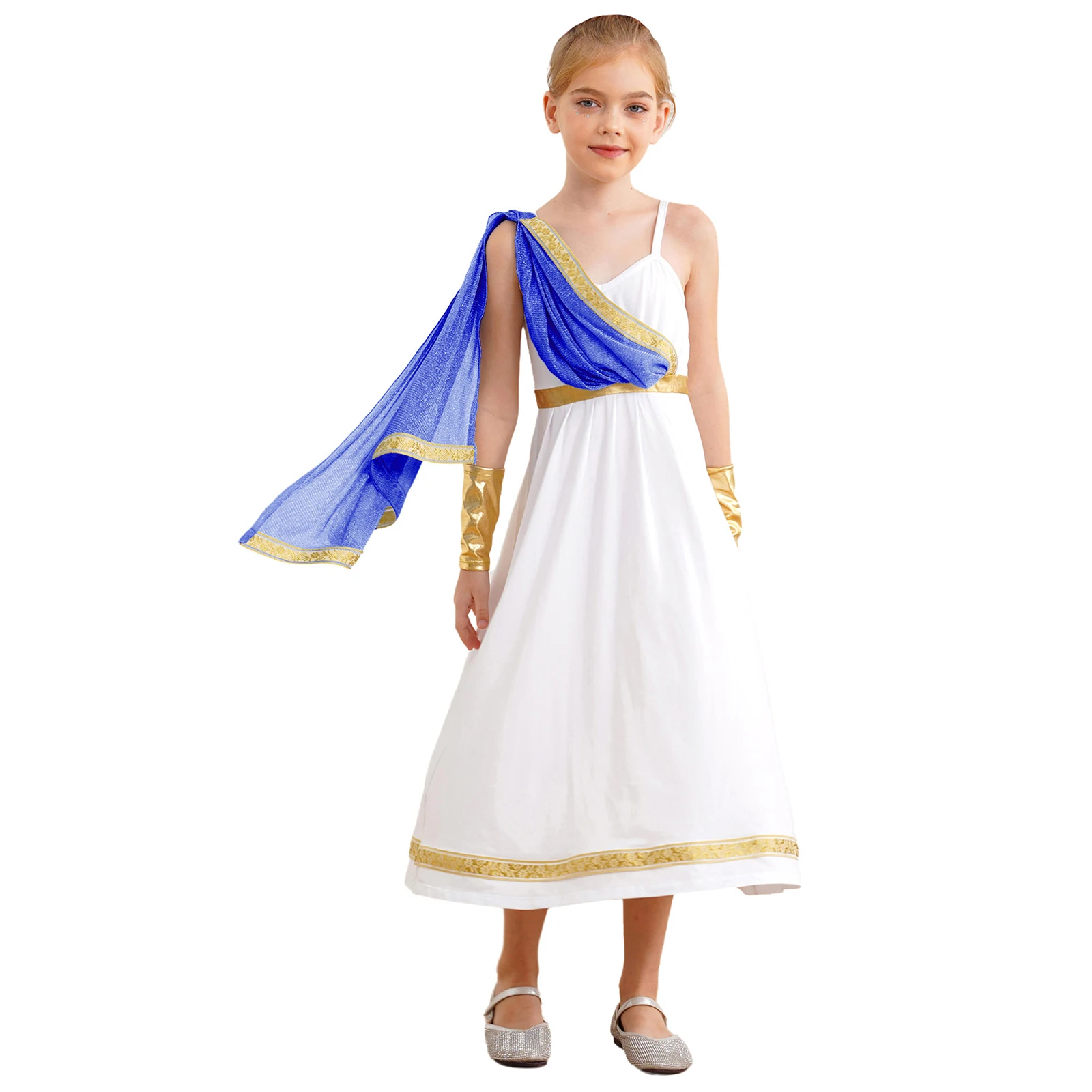 Girls Ancient Greek Princess Dresses Halloween Carnival Cosplay Costume Roman Greece Golden Embroidery Dress with Arm Sleeve