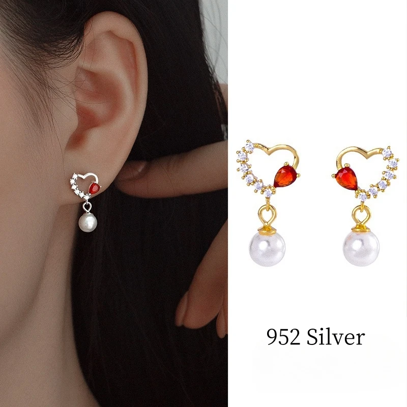 

Sweet Heart Shape Pearl Red Zircon 925 Sterling Silver Earrings For Women Beautiful Ear Piercing Stud Ladies Gift Jewelry