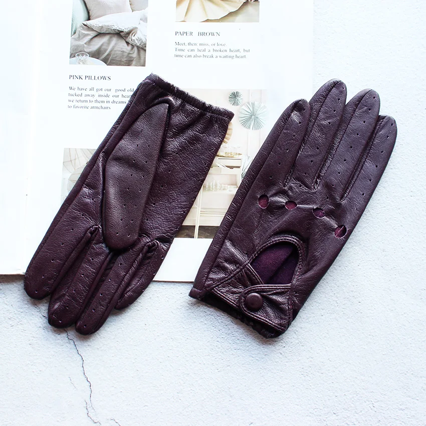 Women's Single-Layer Unlined Thin Driving Leather Gloves Hollow Style Outdoor Cycling Driver Gloves Free Shipping