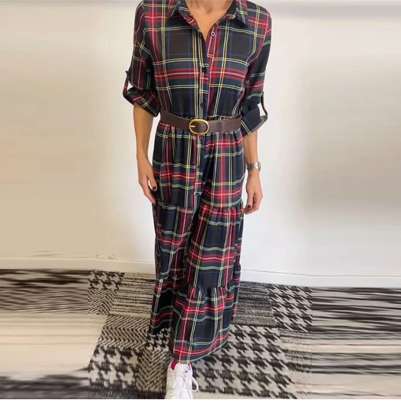 2025 Spring Summer Plaid Printed Commuter Dress for Women Lapel Long Sleeve Shirt Dress Casual Single Breasted Loose Maxi Dress