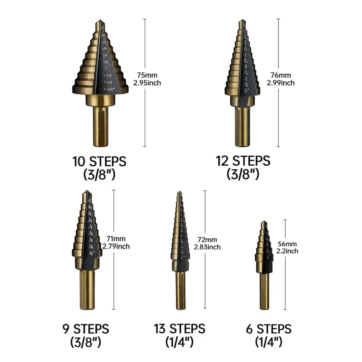 5pcs  Cobalt Step Drill Bit SetHSS Multiple 50 Sizes Titanium Coated Conical Hole Cutter Punch Tool for Stainless Steel Iron Sheet Metal Wood Drilling Hardware with Aluminum Case view 7