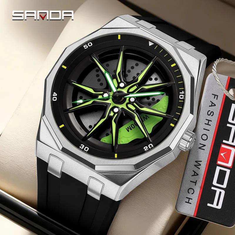 

SANDA 1169 Automotive Wheel 360 ° Rotating Quartz Watch 3ATM Life Waterproof Night Light Display Men's Trendy Sports Watch