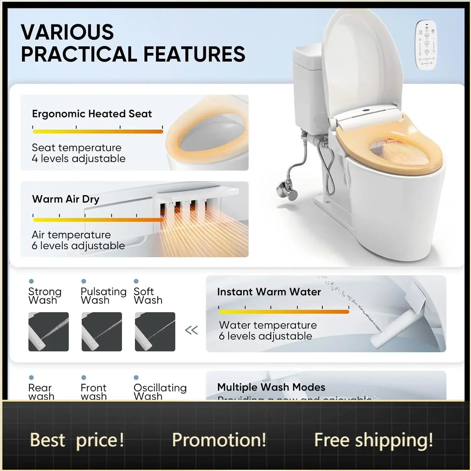 Brand new fast shippingBestsellerElectric Bidet Toilet Seat with Wireless Remote and Side Panel, Multiple Spray Modes, Adjustabl