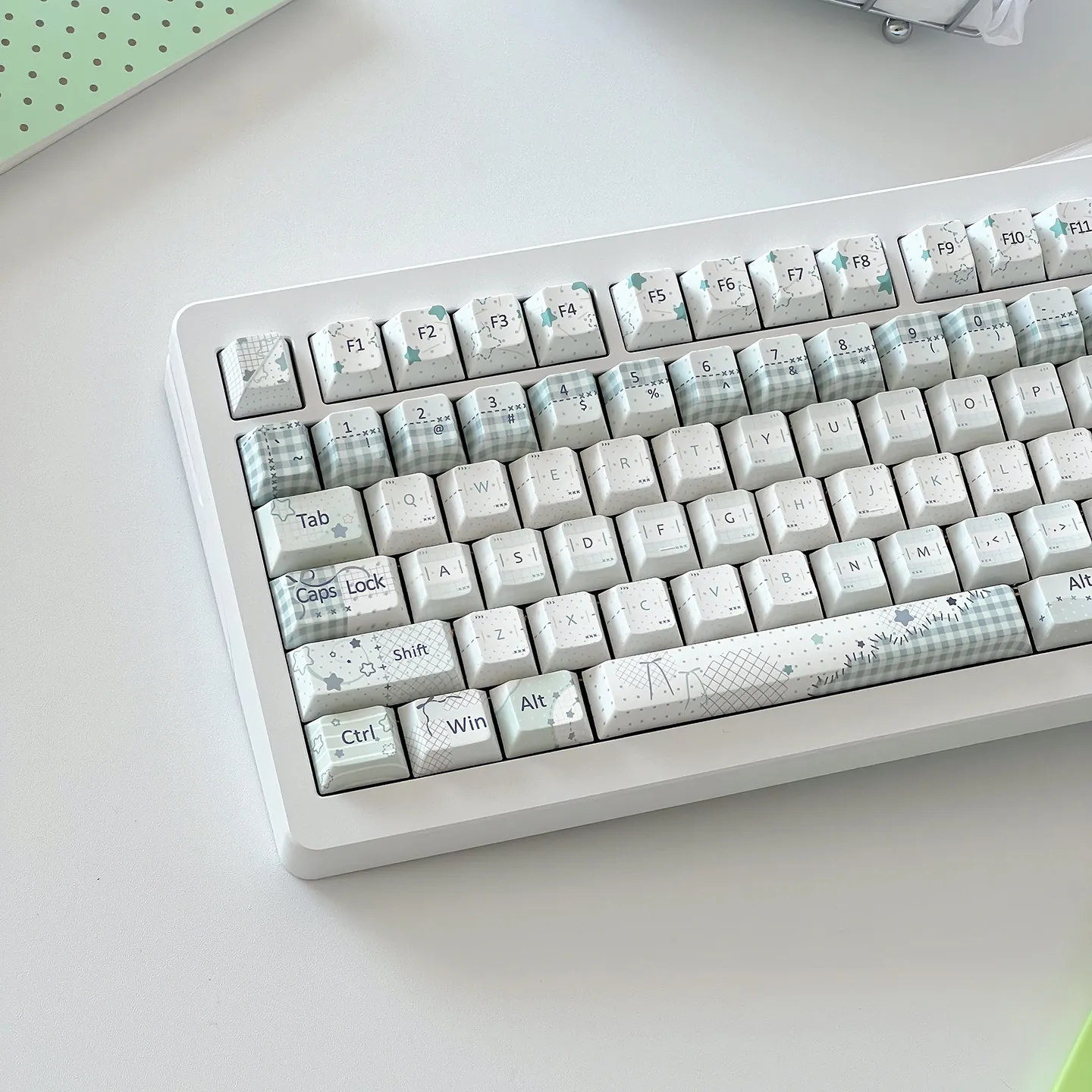 MAIMOOO Keycaps Asakusa Woven Dream Thermal Sublimation Cherry PBT Thermal Sublimation Light Green Simple Grid White Keycaps