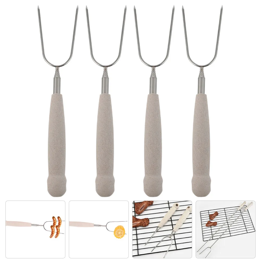 

4pcs Stainless Steel Bbq U-Shaped Roasting Meat Fork Outdoor Camping Grill Tool Long Handle Cooking Fork For Sausage Bacon