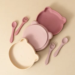Mamaplan Silicone Kids Dishes Plate Soft Spoon Fork Cartoon Bear Dishes Plate Feeding Food Sucker Bowl Training Baby Tableware