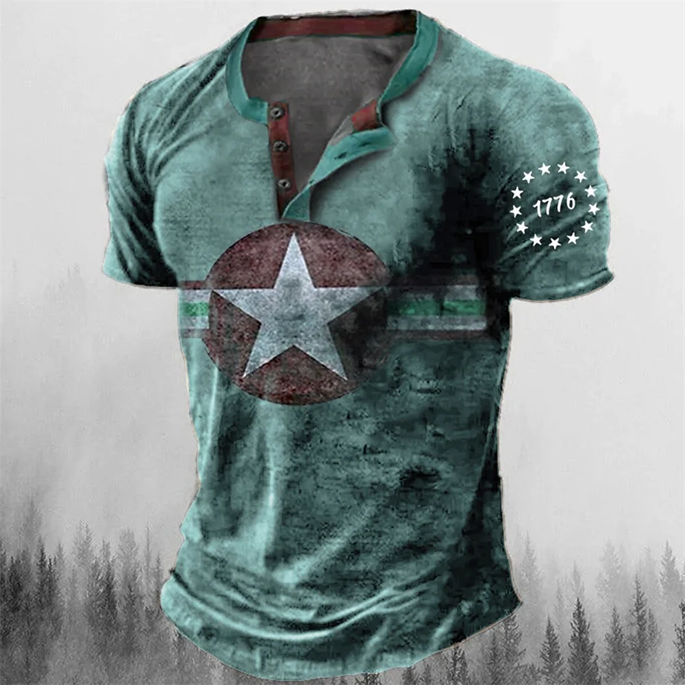 Vintage Button V-neck Navigation T Shirt Short Sleeve Gothic Henley Shirt For Men Oversized Tops Tee Shirt Men Punk Streetwear