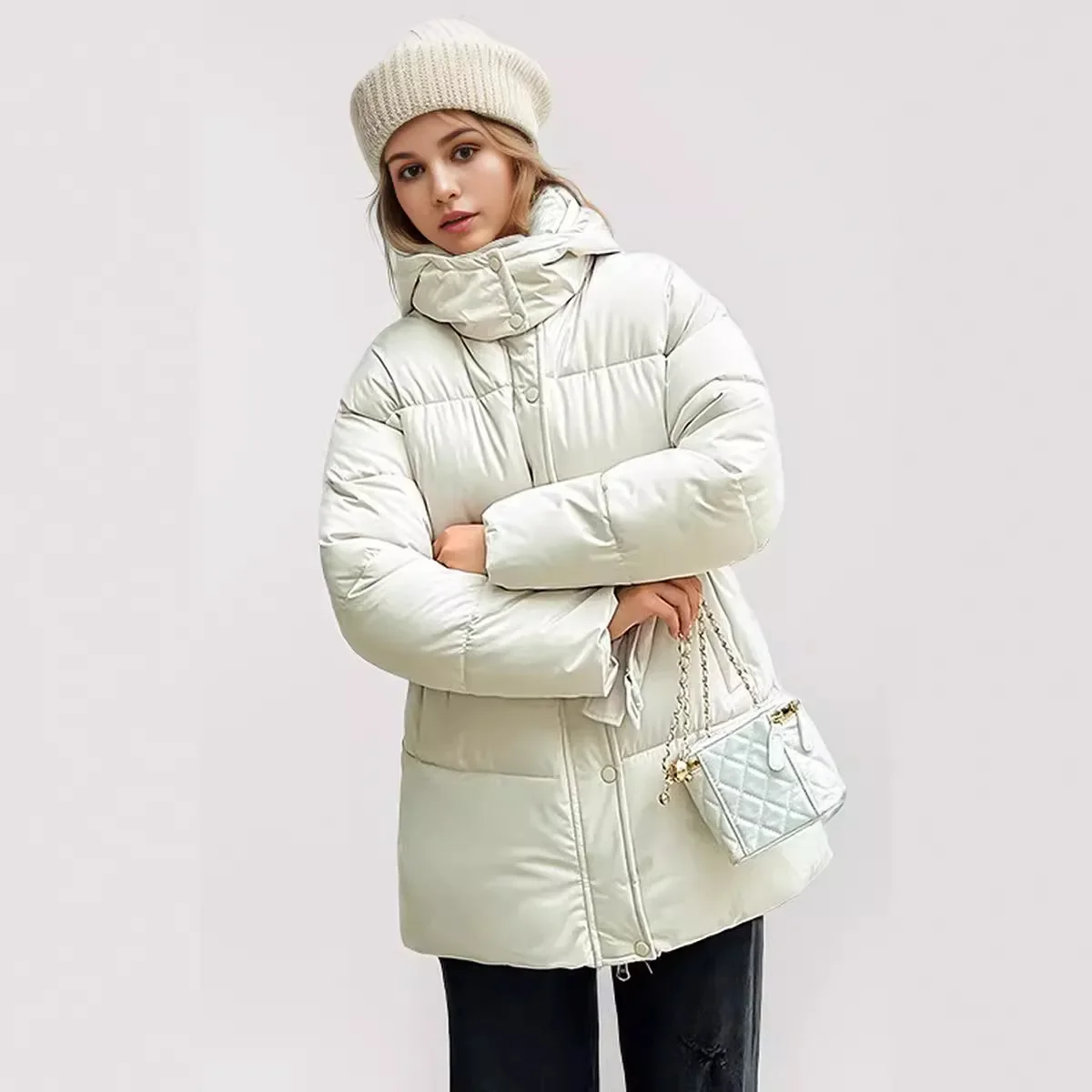 

2025 Winter Women's New Jacket Female Casual Waist Slimming Hooded Short Cotton Jacket Women Pure Color High Collar Warm Parkas
