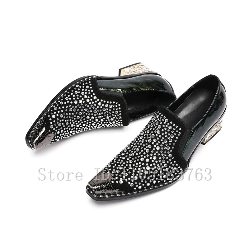 Men Glitter Rhinestone Chunky Block Heel Loafers Pointed Toe Patent Leather Dress Shoes Luxury Party Wedding Stage Footwear