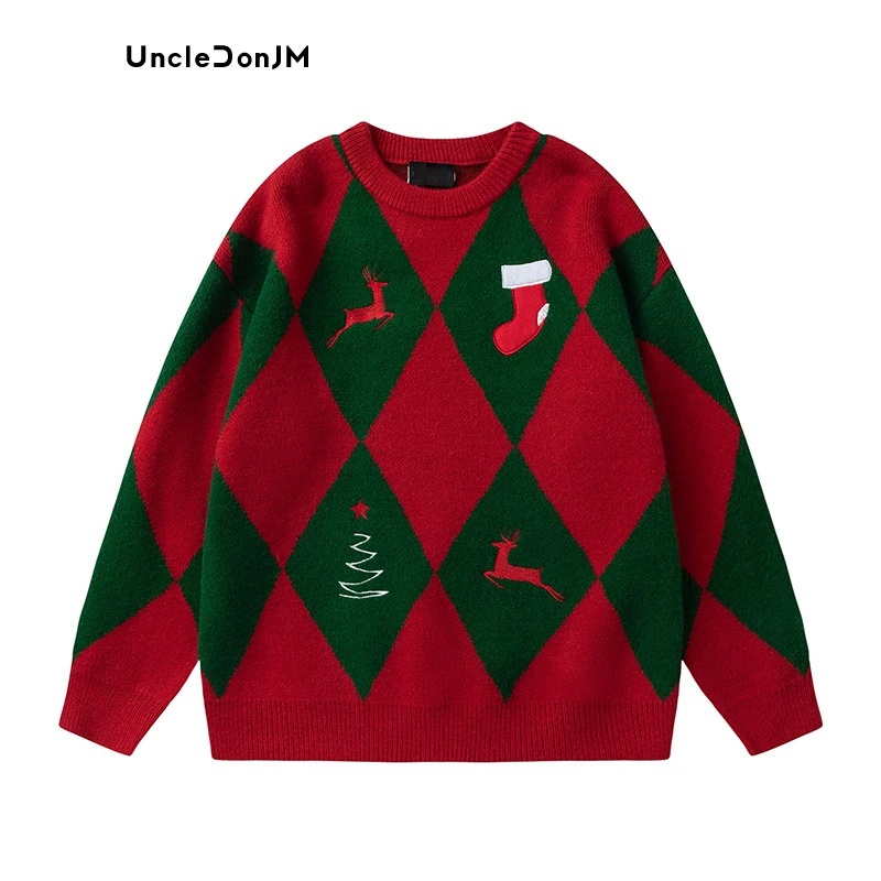 Uncledonjm American Couple Clothes Christmas Sweater Embroidered Pullovers Unisex