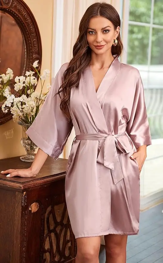 Women's Short Kimono Robe Silky Satin Bathrobe Bride Bridesmaids Getting Ready Sleepwear Soft Nightgown