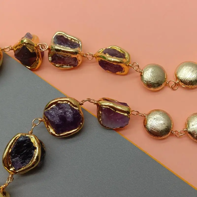 

YYGEM 20 мм матовая монета 34x46 мм аметист грубый натуральный необработанный белый жемчуг ожерелье ручной работы