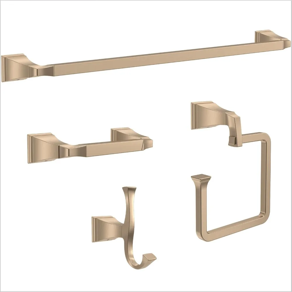 Four-Piece Bathroom Hardware Set: 24-Inch Towel Bar, Toilet Paper Holder, Towel Ring, and Towel Hook in Champagne Bronze Finish